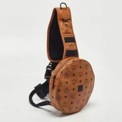 MCM Cognac Visetos Coated Canvas and Leather Round Sling Bag