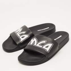 Pre Owned McQ by Alexander McQueen Black Faux Leather Logo Slides Size 42
