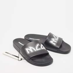 مملوكة مسبقًا McQ by Alexander McQueen Black Leather and Rubber Logo Pool Slides Size 40