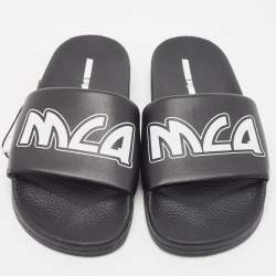 مملوكة مسبقًا McQ by Alexander McQueen Black Leather and Rubber Logo Pool Slides Size 40