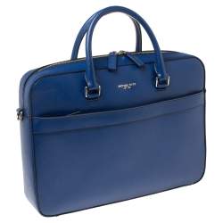 Pre Owned Michael Kors Sapphire Blue Leather Harrison Front Zip Briefcase
