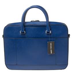 Pre Owned Michael Kors Sapphire Blue Leather Harrison Front Zip Briefcase