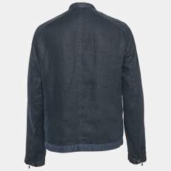 Michael Kors Navy Blue Nylon Trim Linen Zip-Up Jacket M