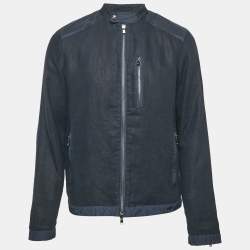 Michael Kors Navy Blue Nylon Trim Linen Zip-Up Jacket M