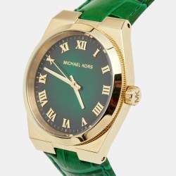 Michael Kors Green Gold Plated Stainless Steel Leather Channing MK2356 Unisex Wristwatch 38 mm 
