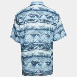 Missoni Blue Macro Chevron Print Linen Short Sleeve Button Front XL