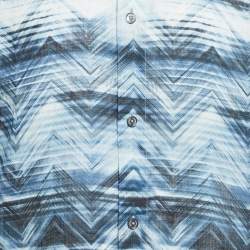 Missoni Blue Macro Chevron Print Linen Short Sleeve Button Front XL
