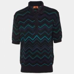 Pre Owned Missoni Navy Blue Chevron Cotton Knit Polo T-Shirt M
