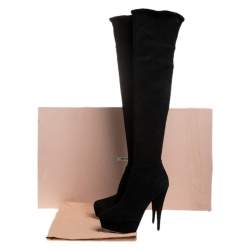 Pre Owned Miu Miu Black Suede Over The Knee Platform Boots Size 39