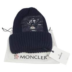 Moncler Navy Blue Ribbed Wool & Synthetic Pocket Patch Detail Beanie 