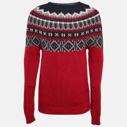 Moncler Red/Blue Intarsia Wool Knit Mock Neck Sweater L