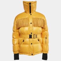 Moncler Yellow Nylon Button Front Fringe Detail Quilted Down Jacket L