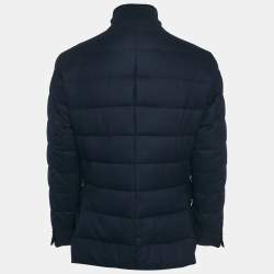 Moncler Navy Blue Wool Zip-Up Quilted Down Jacket L