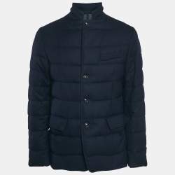 Moncler Navy Blue Wool Zip-Up Quilted Down Jacket L