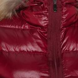 Pre Owned Moncler Burgundy Synthetic Down Fur Lined Hooded Puffer Jacket S