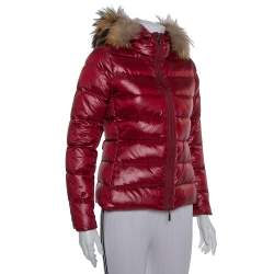 Pre Owned Moncler Burgundy Synthetic Down Fur Lined Hooded Puffer Jacket S