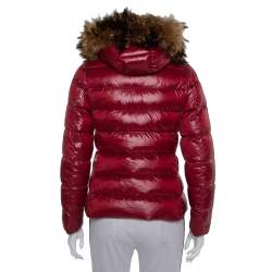 Pre Owned Moncler Burgundy Synthetic Down Fur Lined Hooded Puffer Jacket S