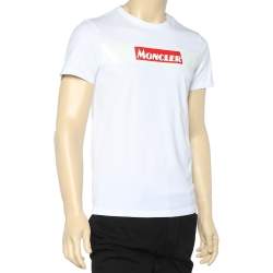 Pre Owned Moncler White Logo Printed Cotton Roundneck T-Shirt S