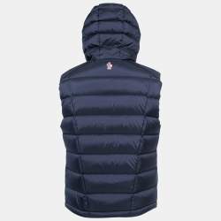 Moncler Navy Blue Synthetic Quilted Hooded Puffer Vest L