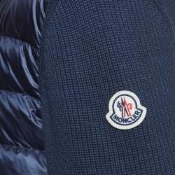 Pre Owned Moncler Navy Blue Cotton Knit and Quilted Nylon Down Tricot Cardigan XL