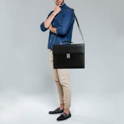 مملوكة مسبقًا Montblanc Black Leather Meisterstuck Triple Gusset Briefcase Bag