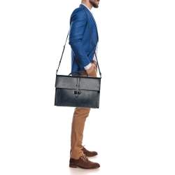 Pre Owned Montblanc Navy Blue Leather Westside Triple Gusset Briefcase