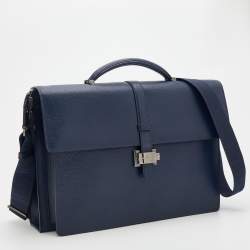 Pre Owned Montblanc Navy Blue Leather Westside Triple Gusset Briefcase