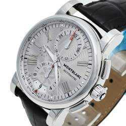 Pre Owned Montblanc Silver Stainless Steel & Leather Star 7104 Automatic Men's Wristwatch 44 mm