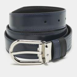 Pre Owned Montblanc Black/Navy Blue Leather Cut to Size Reversible Buckle Belt