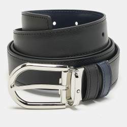 Pre Owned Montblanc Black/Navy Blue Leather Cut to Size Reversible Buckle Belt