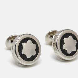 Pre Owned Montblanc Star Black Inlay Silver Tone Round Cufflinks