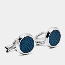 Pre Owned Montblanc Meisterstuck Silver Tone Blue Lacquer Round Cufflinks