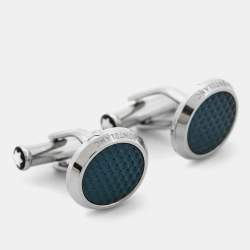 Pre Owned Montblanc Meisterstuck Silver Tone Blue Lacquer Round Cufflinks