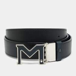 Pre Owned Montblanc M Cut to Size Reversible Buckle Belt Navy Blue/Black Leather