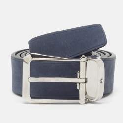 Pre Owned Montblanc Meisterstuck Buckle Cut to Size Reversible Belt Blue/Black Nubuck and Leather