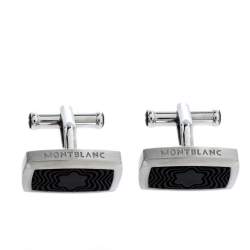 Pre Owned Montblanc Star Black Textured Inlay Silver Tone Rectangular Cufflinks