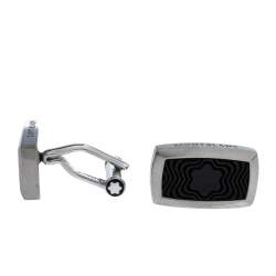 Pre Owned Montblanc Star Black Textured Inlay Silver Tone Rectangular Cufflinks