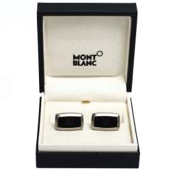Pre Owned Montblanc Star Black Textured Inlay Silver Tone Rectangular Cufflinks