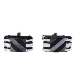 Pre Owned Montblanc Stripes Mother of pearl & Onyx Stainless Steel Rectangular Cufflinks