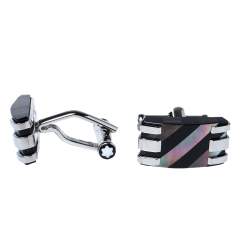 Pre Owned Montblanc Stripes Mother of pearl & Onyx Stainless Steel Rectangular Cufflinks