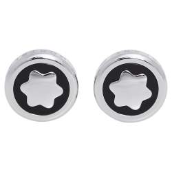 Pre Owned Montblanc Onyx Stainless Steel Round Star Cufflinks