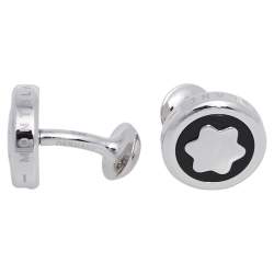 Pre Owned Montblanc Onyx Stainless Steel Round Star Cufflinks