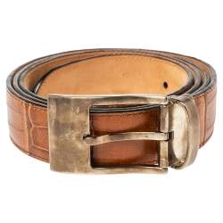 Montblanc Brown Croc Embossed Leather Buckle Belt 100CM