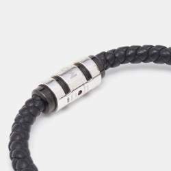 Pre Owned Montblanc Silver Leather Braided Open Cuff Bracelet