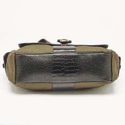 Montblanc Olive Green/Brown Croc Embossed Leather and Nylon Nightflight Messenger Bag
