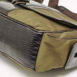 Montblanc Olive Green/Brown Croc Embossed Leather and Nylon Nightflight Messenger Bag