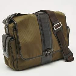 Montblanc Olive Green/Brown Croc Embossed Leather and Nylon Nightflight Messenger Bag