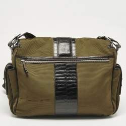 Montblanc Olive Green/Brown Croc Embossed Leather and Nylon Nightflight Messenger Bag
