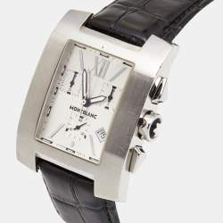 Montblanc Silver Stainless Steel Leather Profile 7049 Men's Wristwatch 34 mm