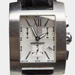 Montblanc Silver Stainless Steel Leather Profile 7049 Men's Wristwatch 34 mm